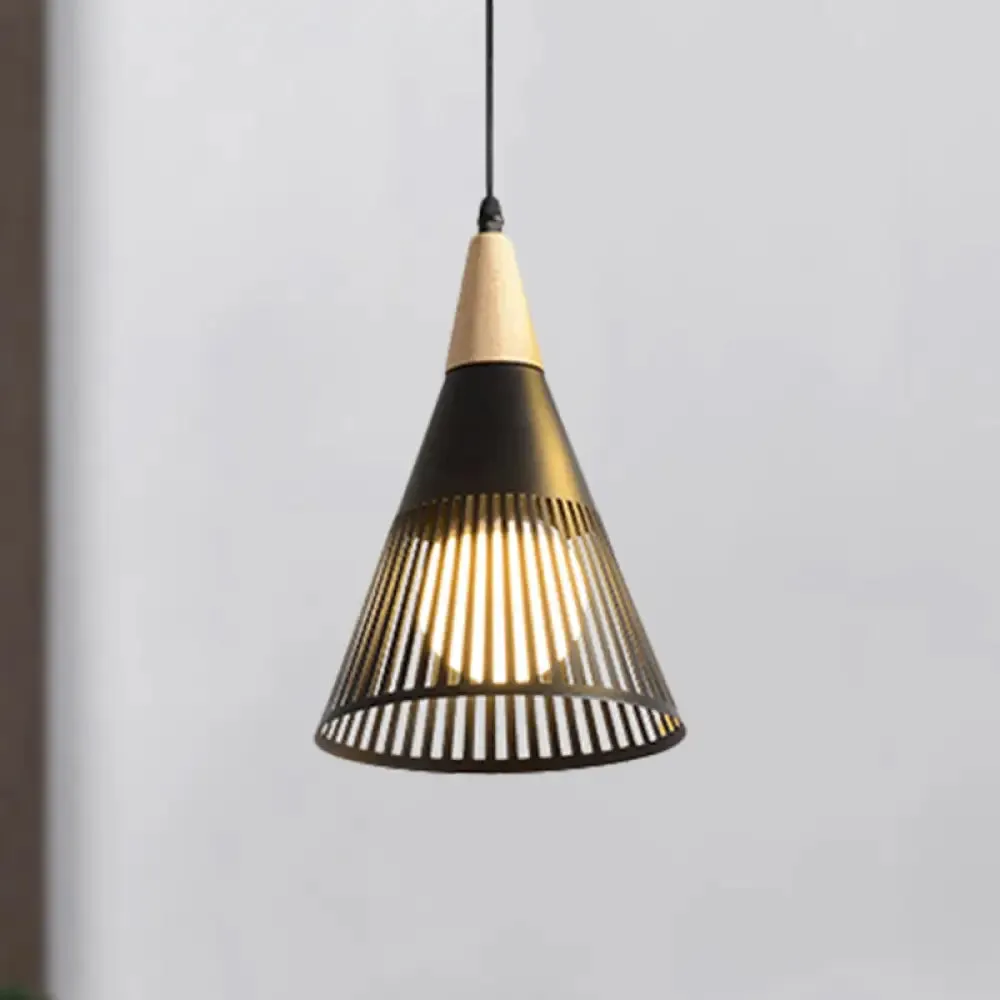 Metallic Cone Ceiling Light: Contemporary 1-Light Pendant in Black/Gold/White with Cage Shade
