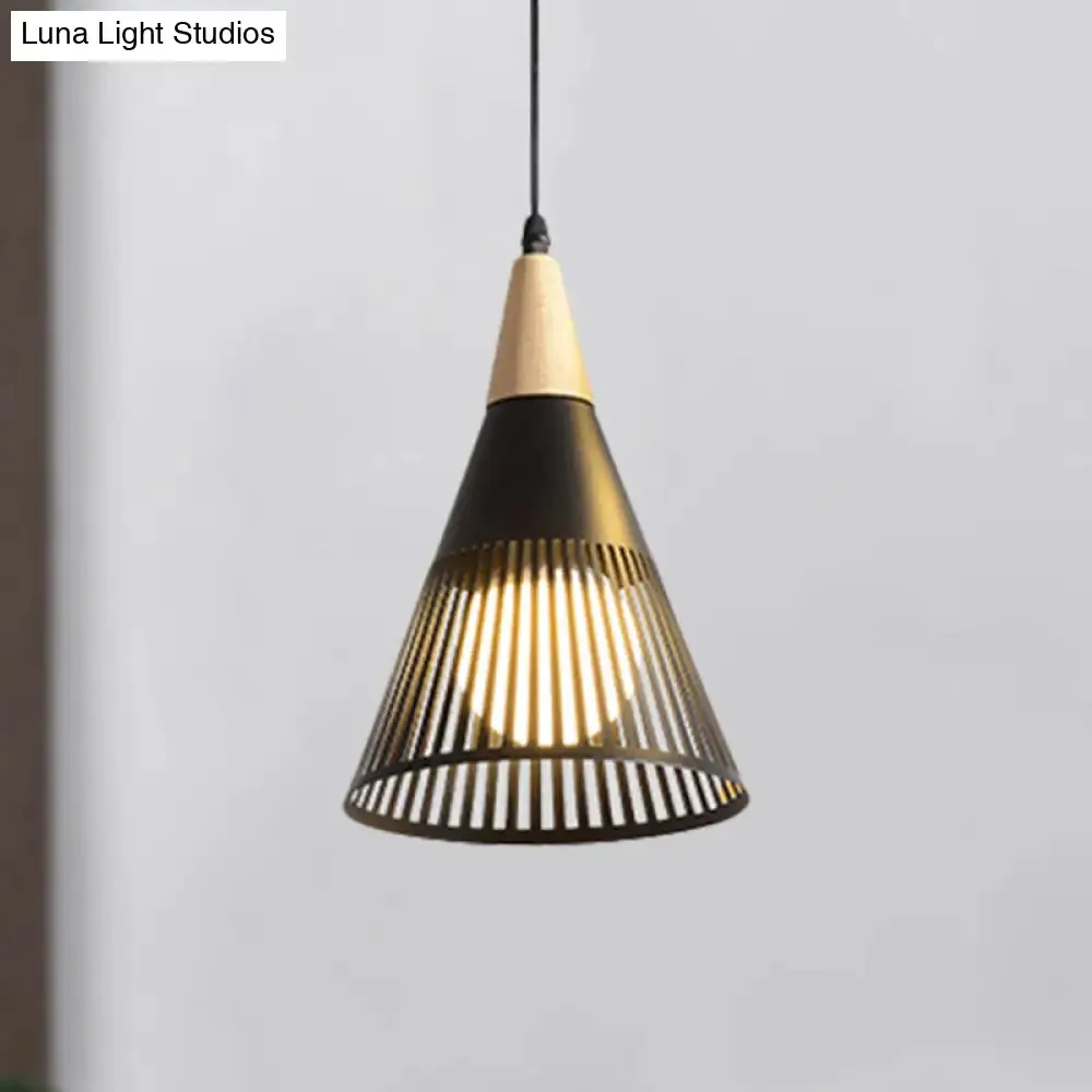 Metallic Cone Ceiling Light: Contemporary 1-Light Pendant in Black/Gold/White with Cage Shade