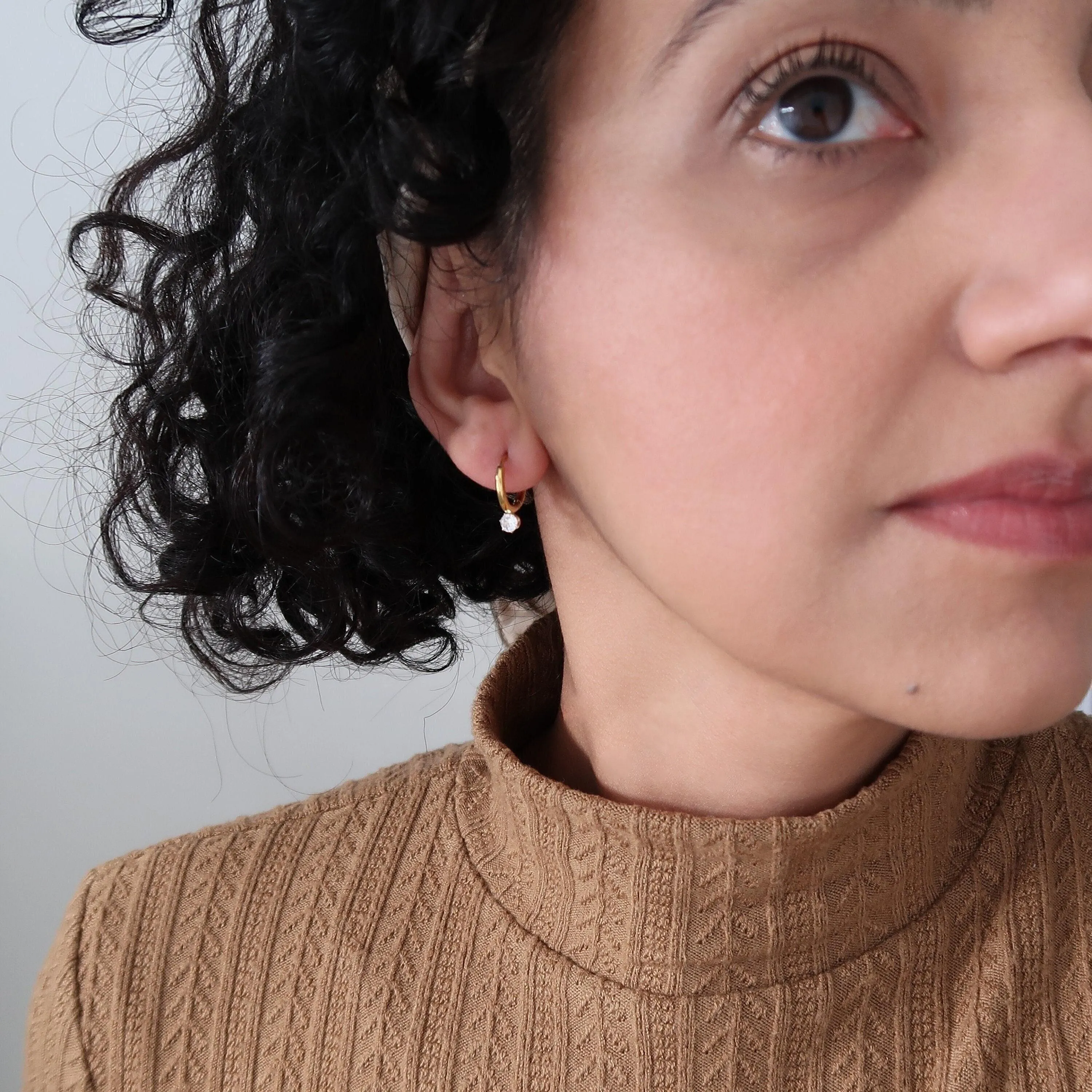 Mini Gold One CZ Stone Hoop Earrings