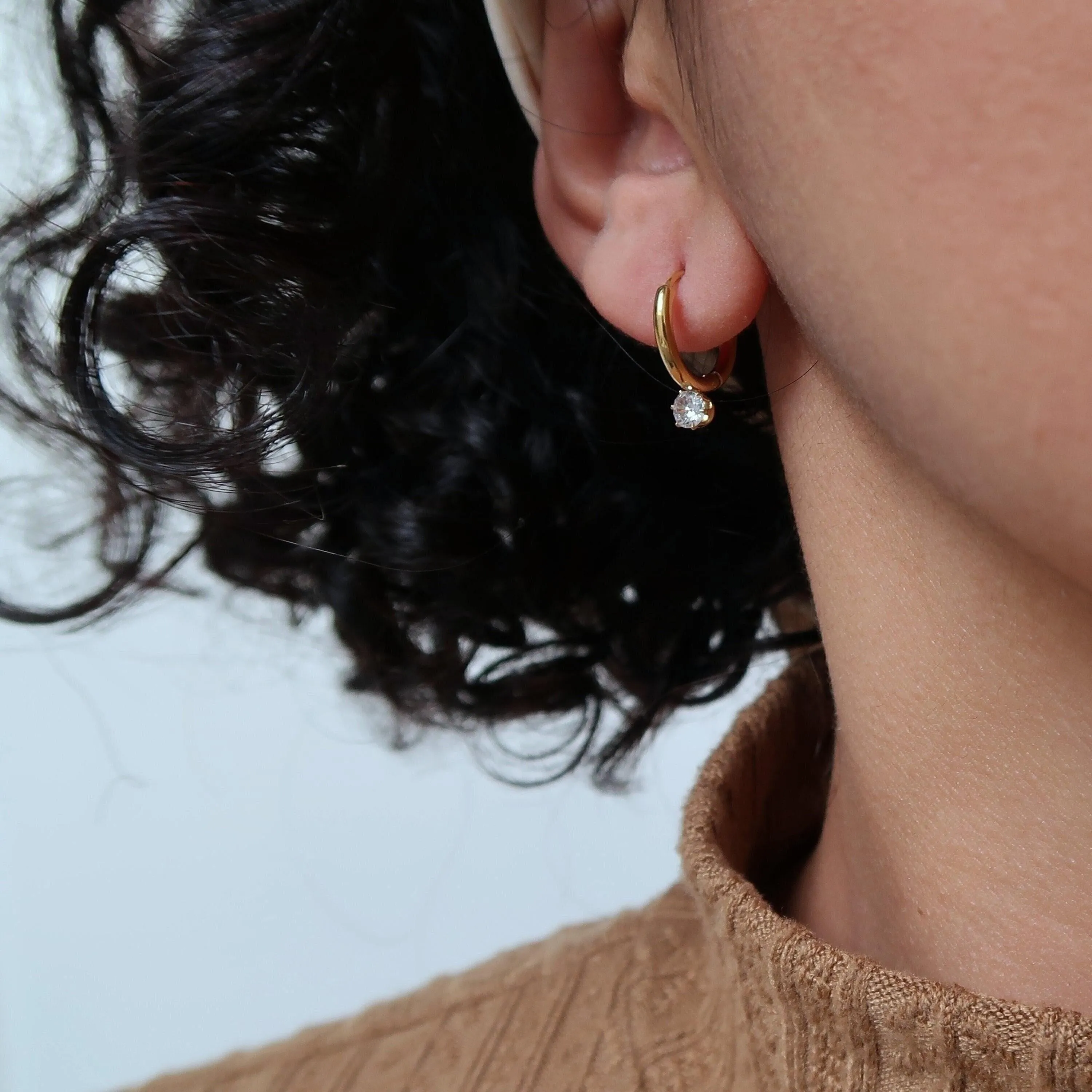 Mini Gold One CZ Stone Hoop Earrings