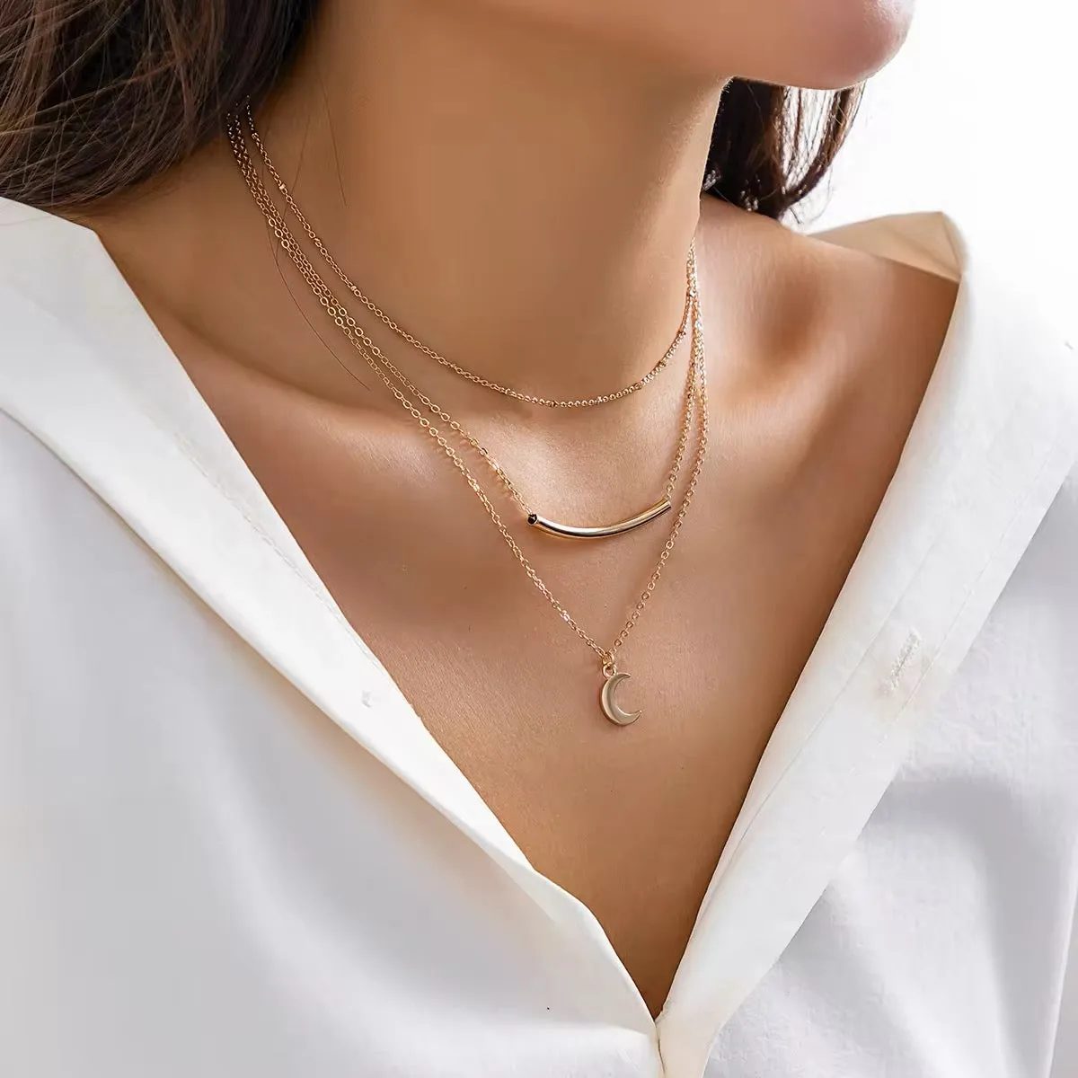Minimalist Boho Moon Multi-Layered Chain Necklace