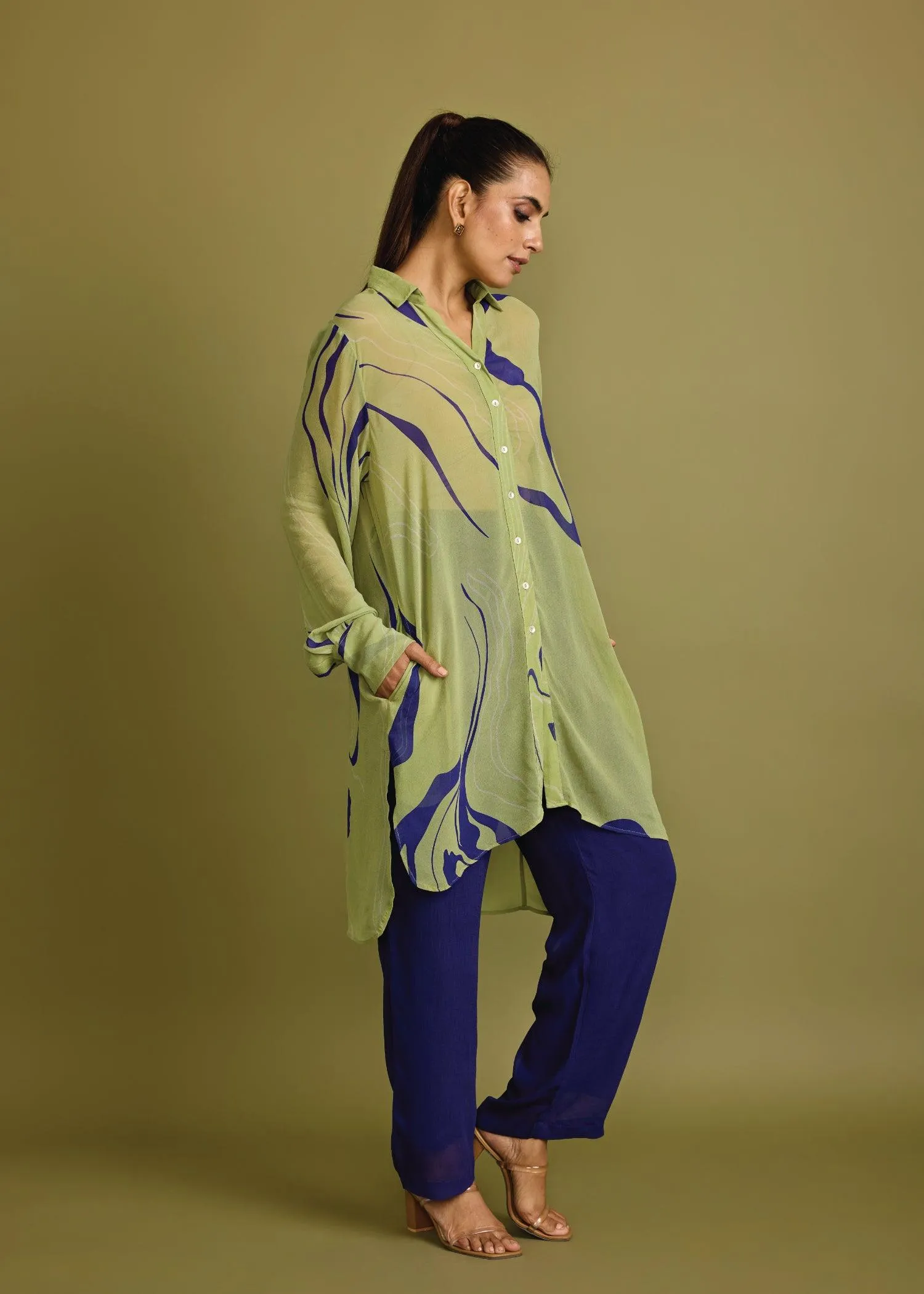 Mint Green & Blue Viscose Honeycomb Tunic Set