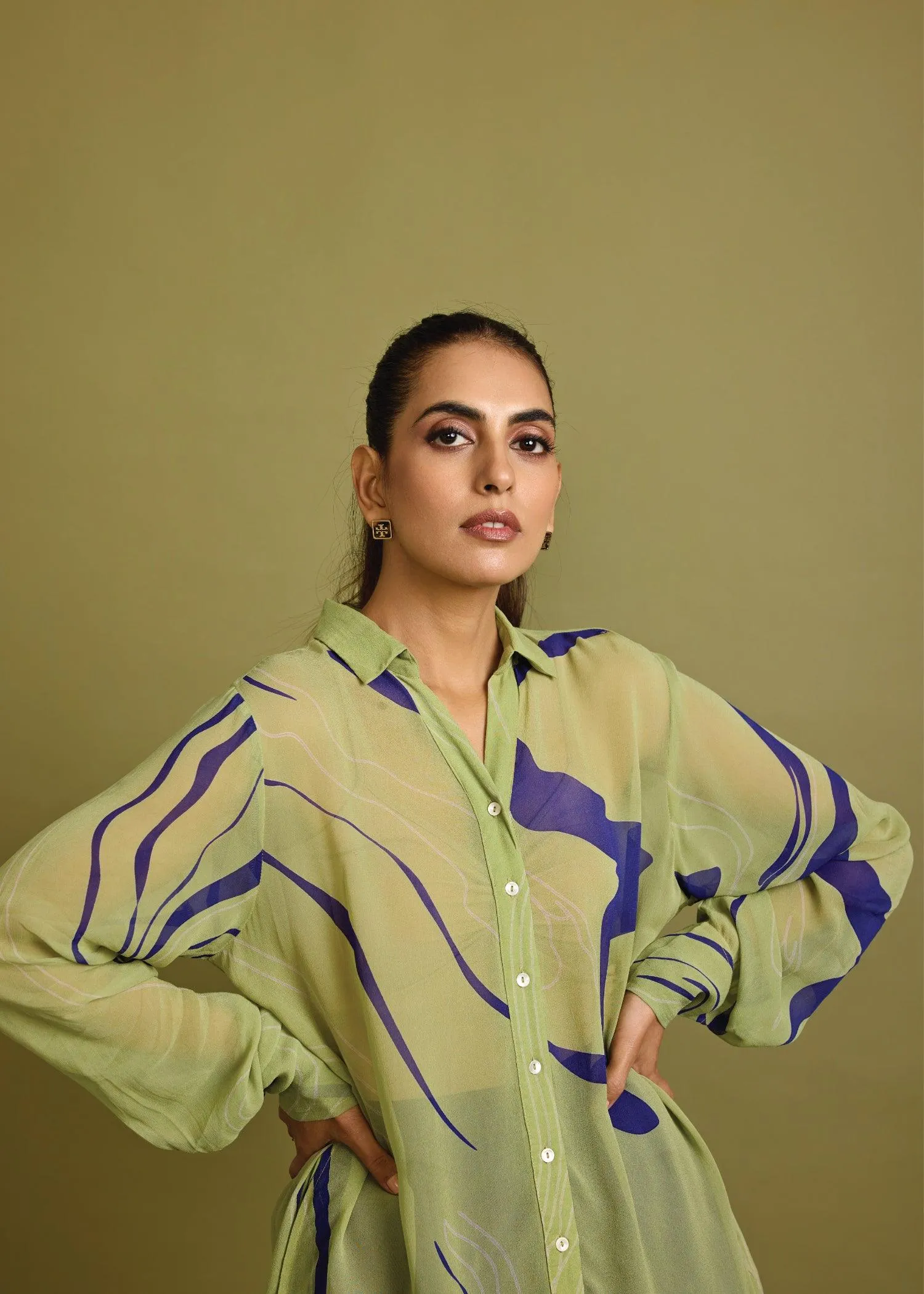 Mint Green & Blue Viscose Honeycomb Tunic Set