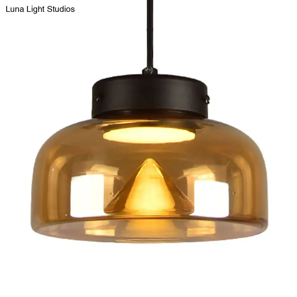 Modern Black Pendant Lamp with Amber Glass Shade - Bedside LED Down Lighting