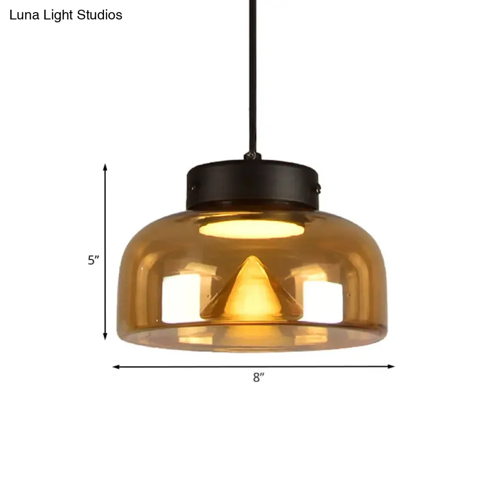 Modern Black Pendant Lamp with Amber Glass Shade - Bedside LED Down Lighting
