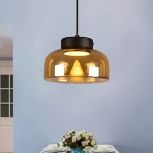 Modern Black Pendant Lamp with Amber Glass Shade - Bedside LED Down Lighting