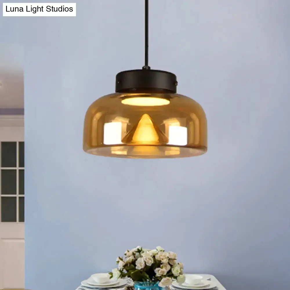 Modern Black Pendant Lamp with Amber Glass Shade - Bedside LED Down Lighting