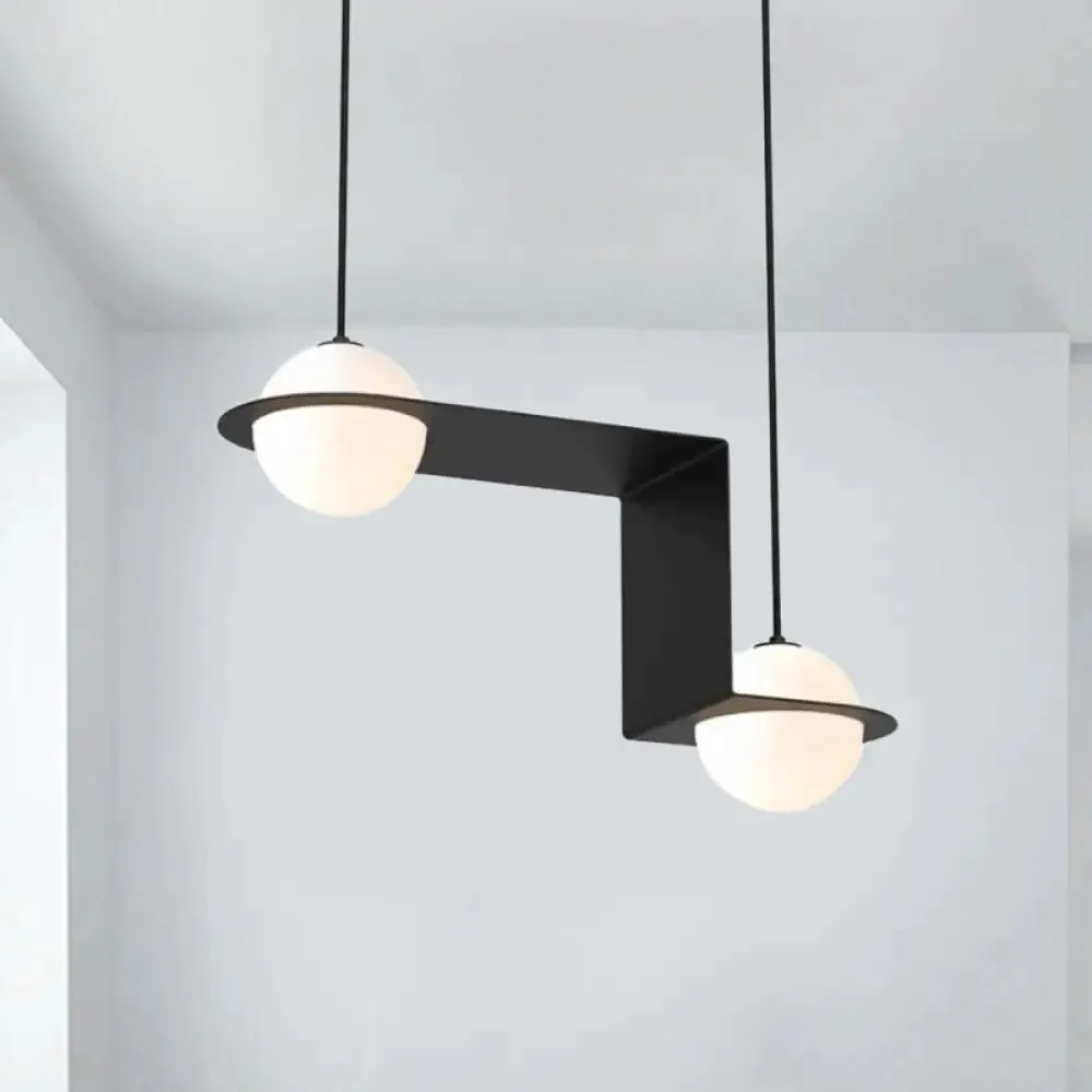 Modern Cream Glass Globe Pendant Light with Z-Frame - Black Finish - 2 Heads - Warm/White Light for Dining Room Hanging