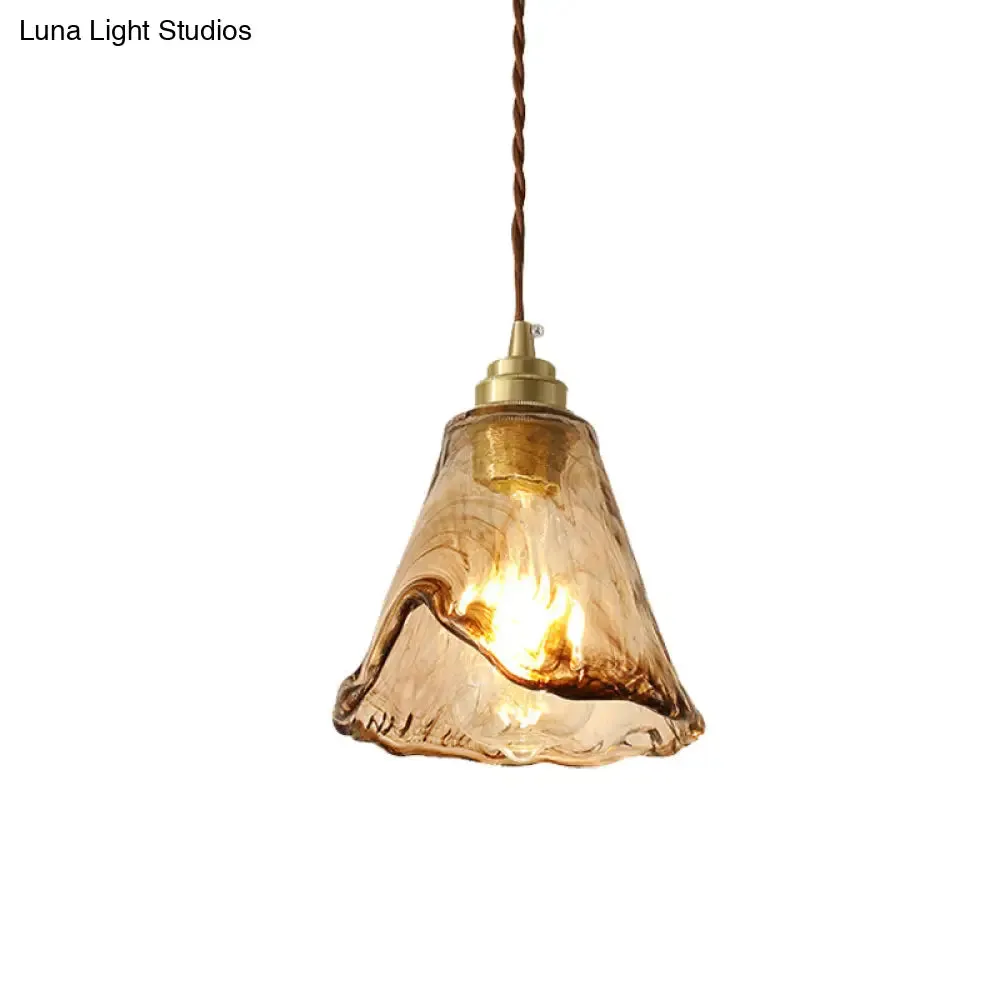 Modern Floral Ceiling Pendant Light - Amber Rippled Glass with Brass Finish