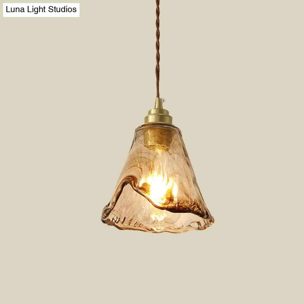 Modern Floral Ceiling Pendant Light - Amber Rippled Glass with Brass Finish