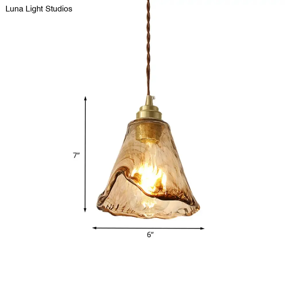 Modern Floral Ceiling Pendant Light - Amber Rippled Glass with Brass Finish