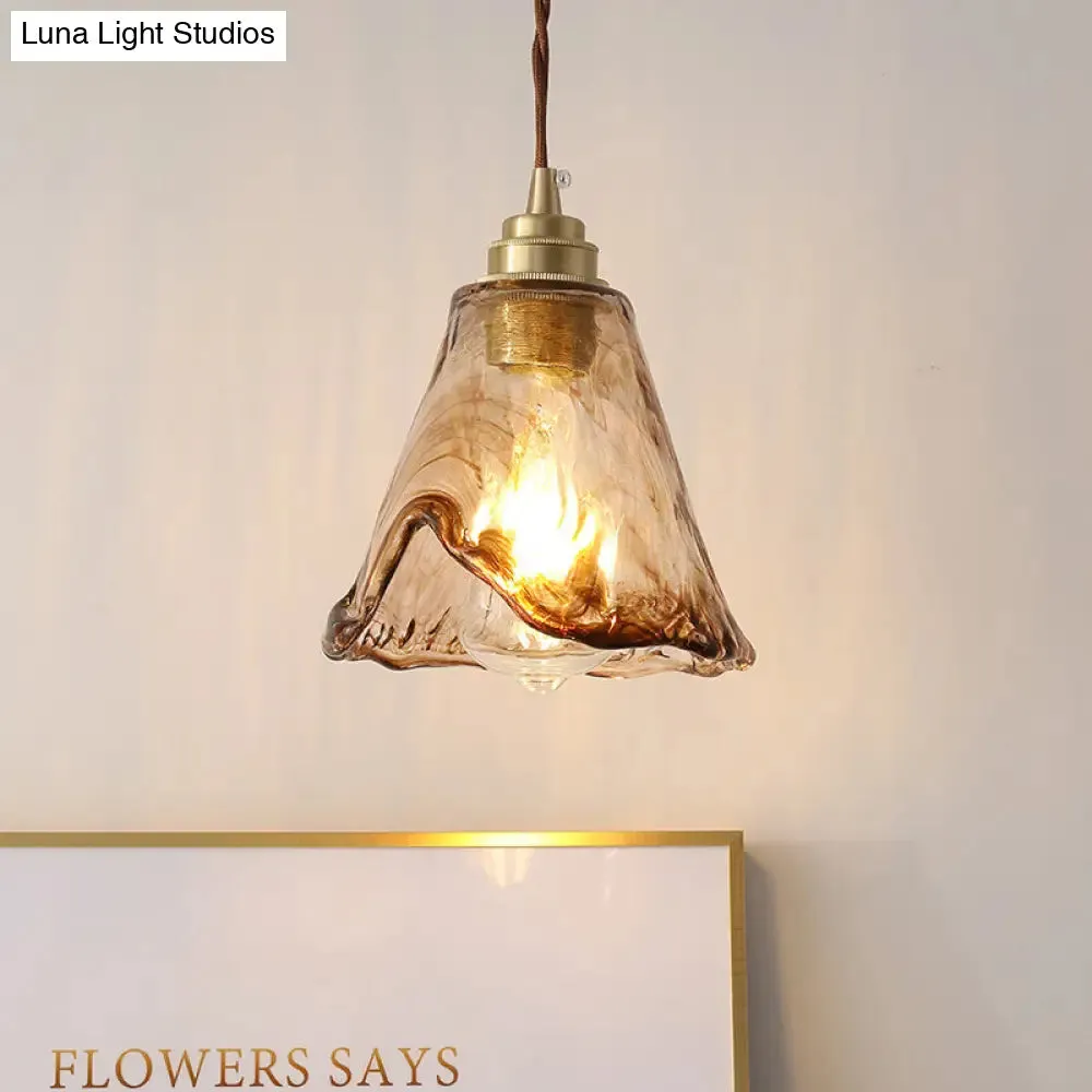 Modern Floral Ceiling Pendant Light - Amber Rippled Glass with Brass Finish
