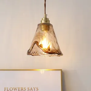 Modern Floral Ceiling Pendant Light - Amber Rippled Glass with Brass Finish