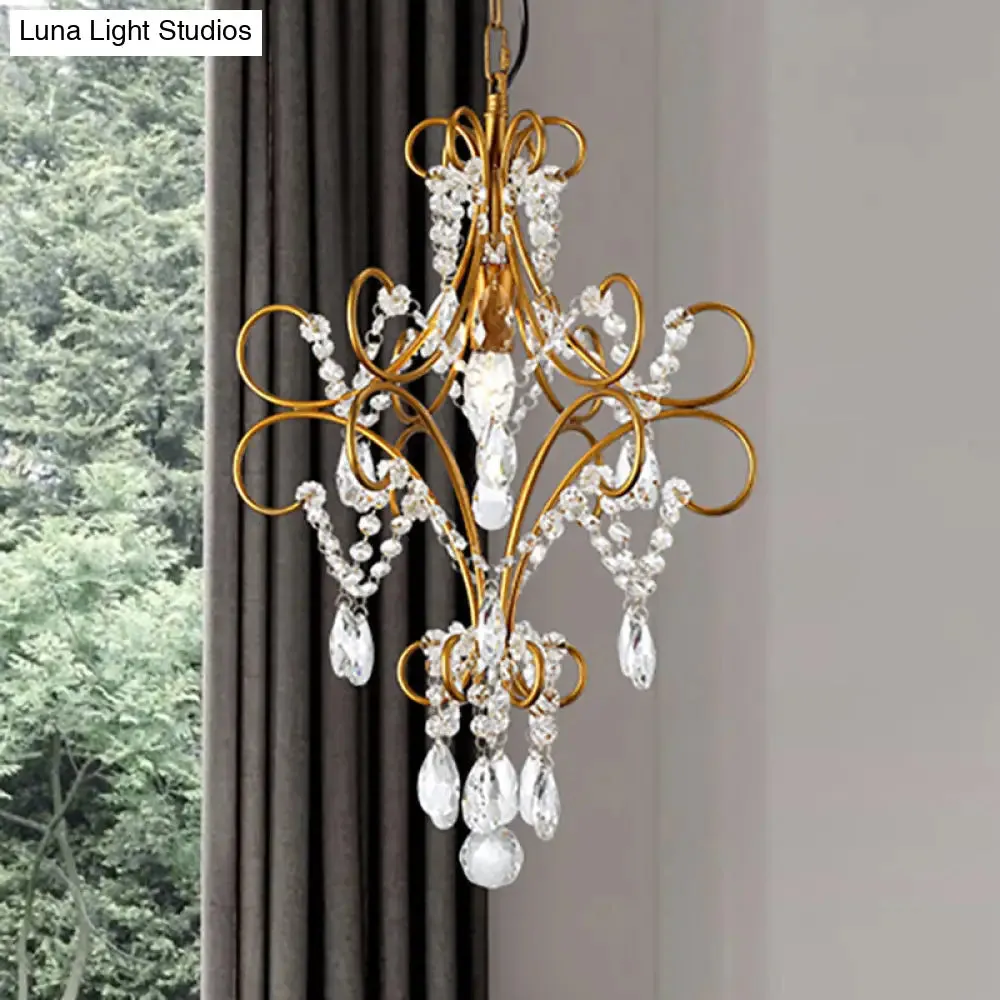 Modern Gold Iron Bent Arm Pendant Light Fixture with Glass Strand - 1 Light Hanging