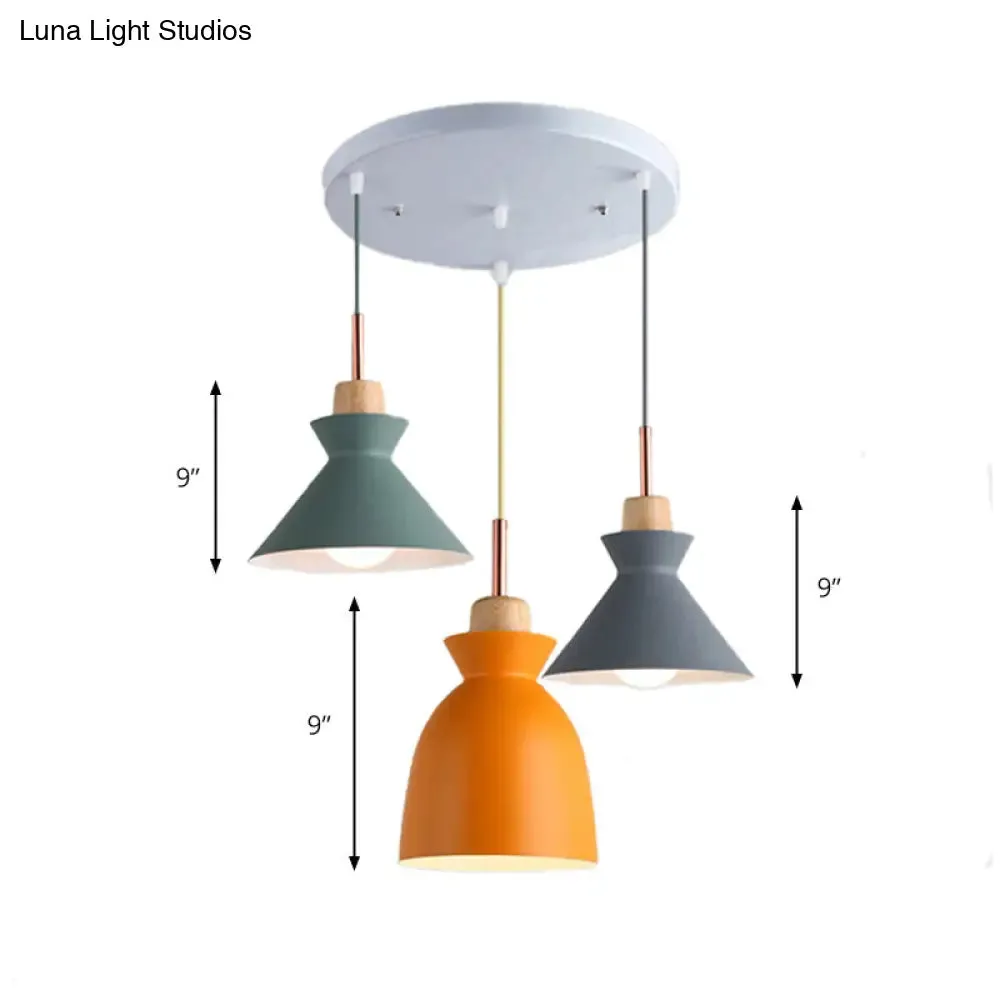 Modern Multi-Color Cone and Dome Pendant Light with 3 Metal Lights - Linear/Round Canopy