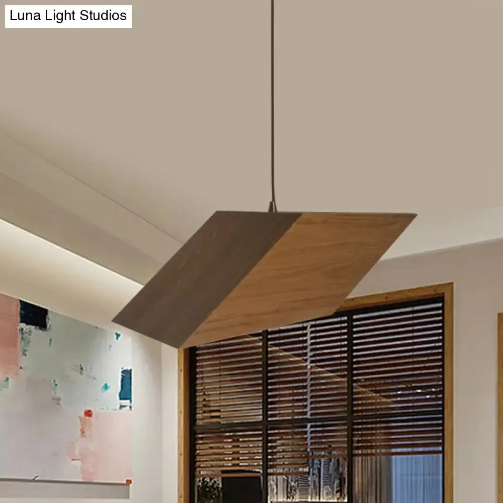 Modern Triangular Prism Wood Pendant - 1 Light Beige Hanging Light Kit