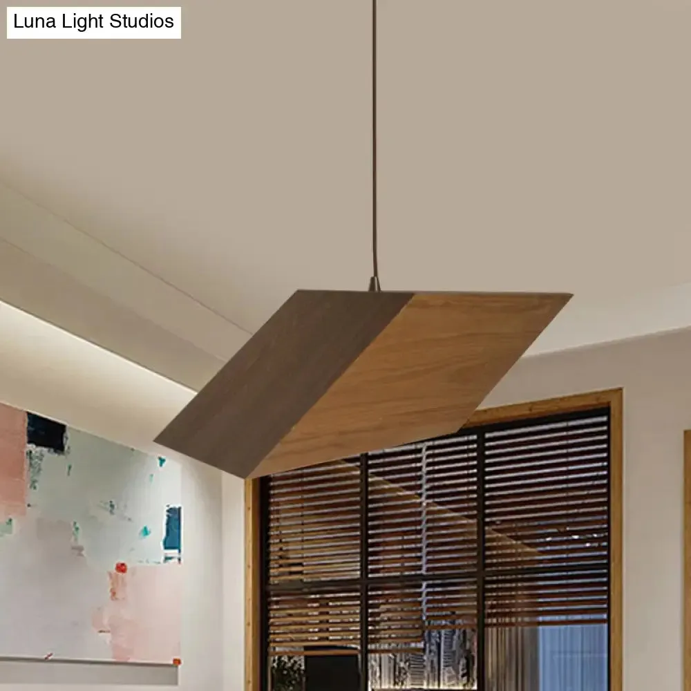 Modern Triangular Prism Wood Pendant - 1 Light Beige Hanging Light Kit