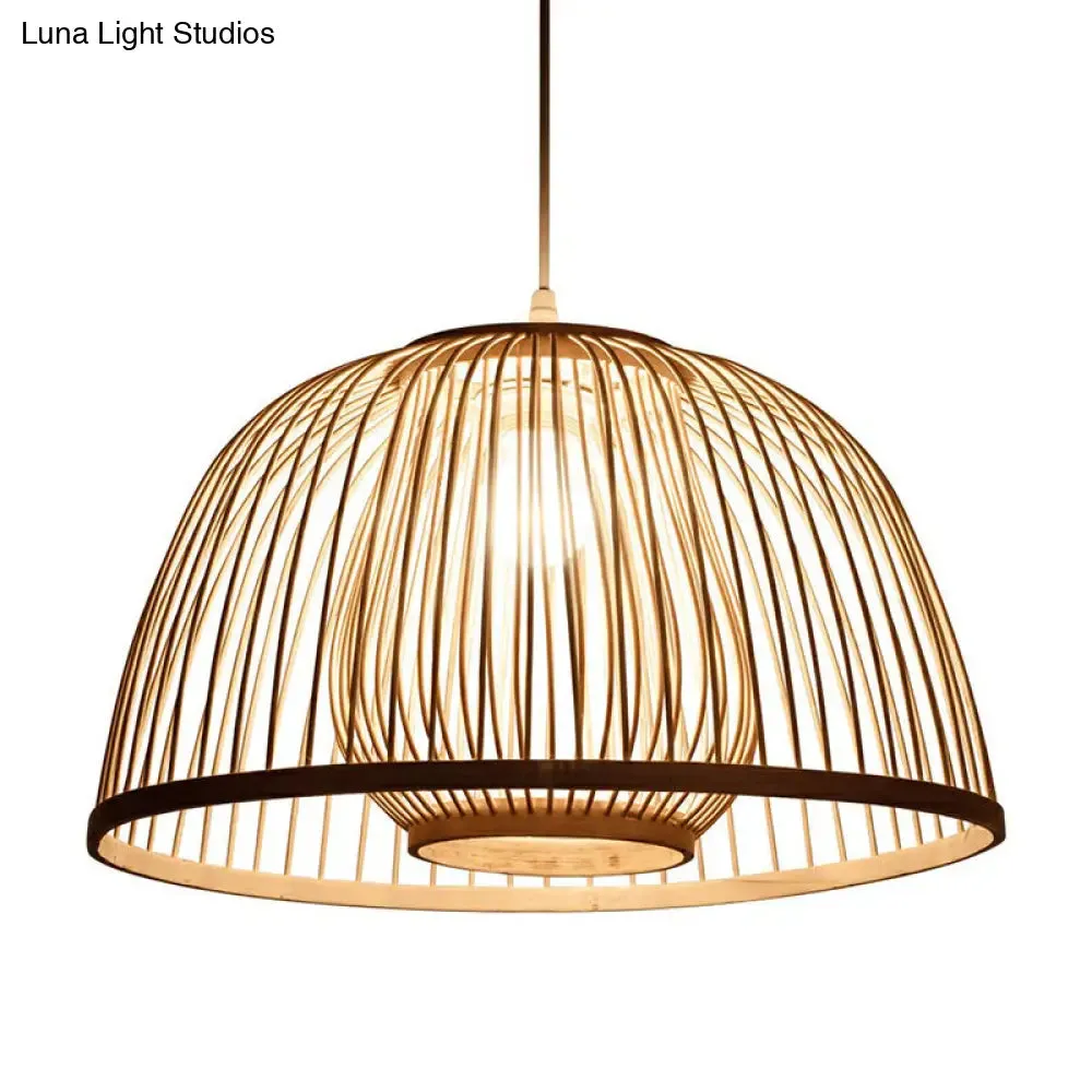 Modern Wood Domed Ceiling Pendant: Bamboo Suspension Lamp with Cage Inner