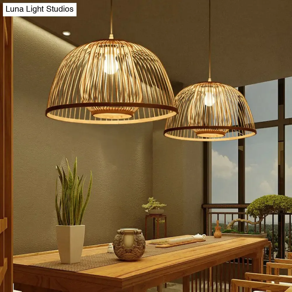 Modern Wood Domed Ceiling Pendant: Bamboo Suspension Lamp with Cage Inner
