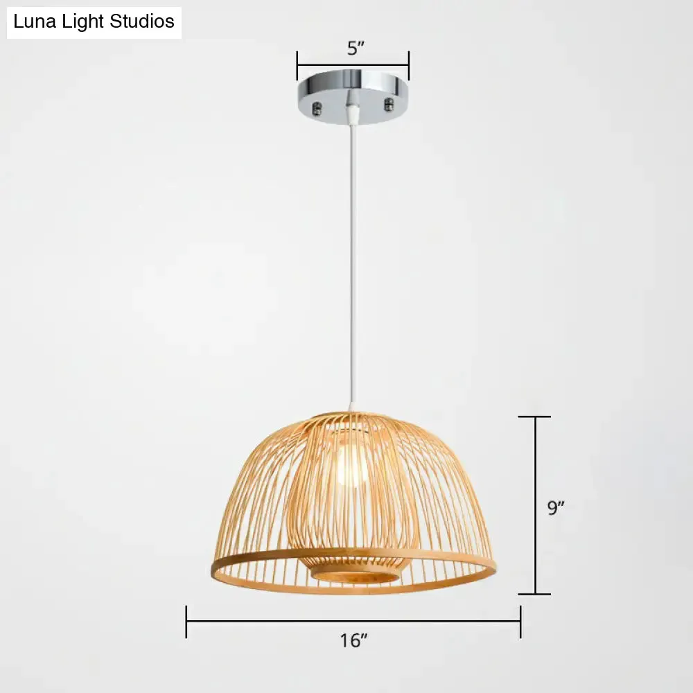 Modern Wood Domed Ceiling Pendant: Bamboo Suspension Lamp with Cage Inner