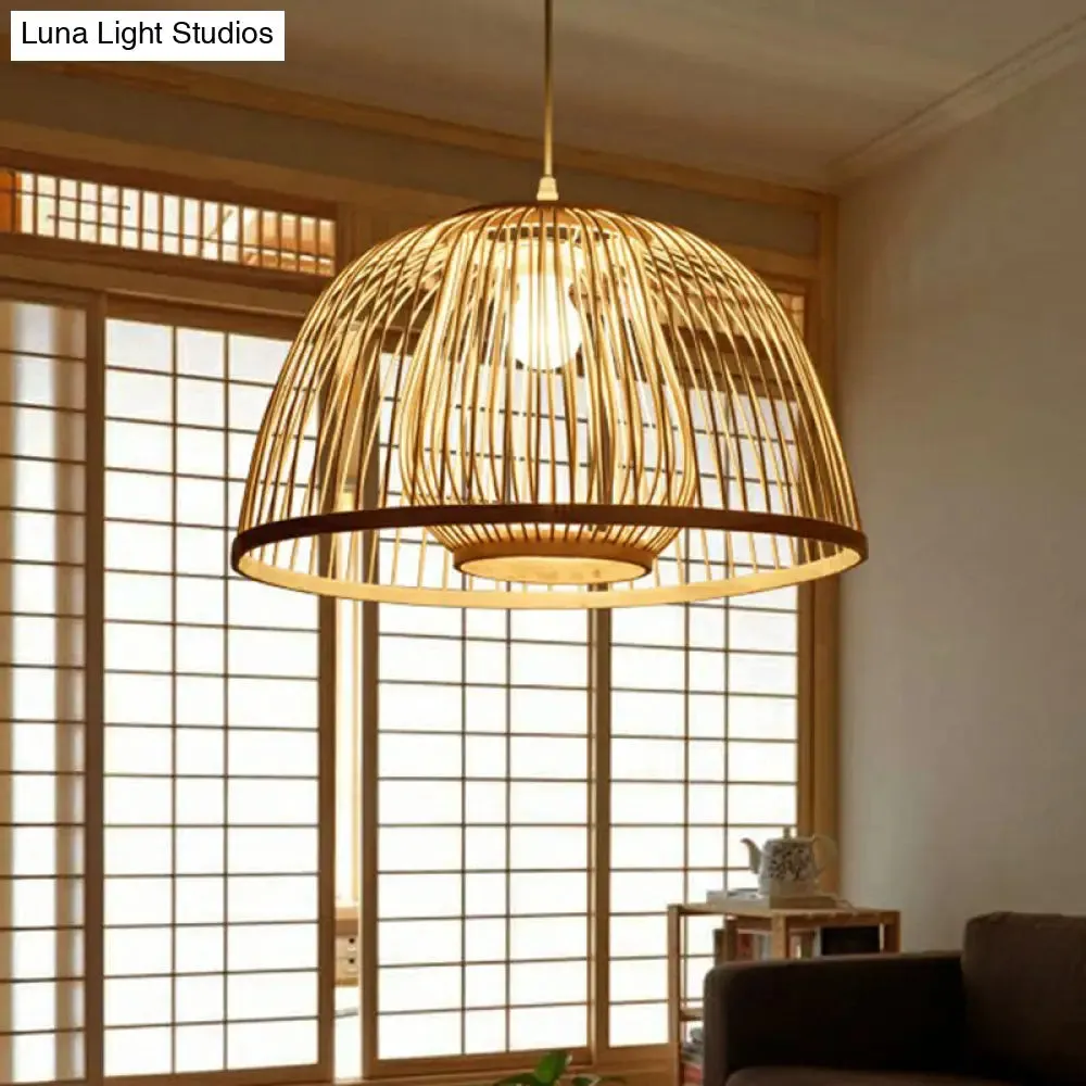 Modern Wood Domed Ceiling Pendant: Bamboo Suspension Lamp with Cage Inner