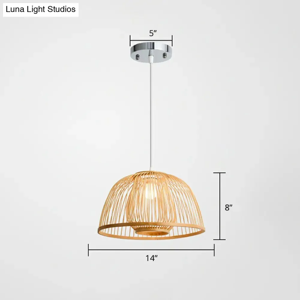 Modern Wood Domed Ceiling Pendant: Bamboo Suspension Lamp with Cage Inner