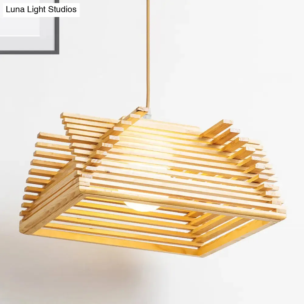Modernist Beige Tapered Pendant Light with Wood Shade