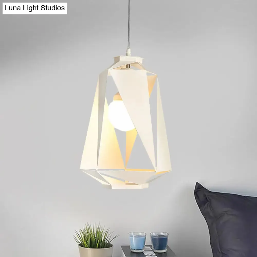 Modernist Metal Diamond Pendant Lamp - 1 Light, White Finish, Hollow-Out Design - Ceiling Hanging Fixture