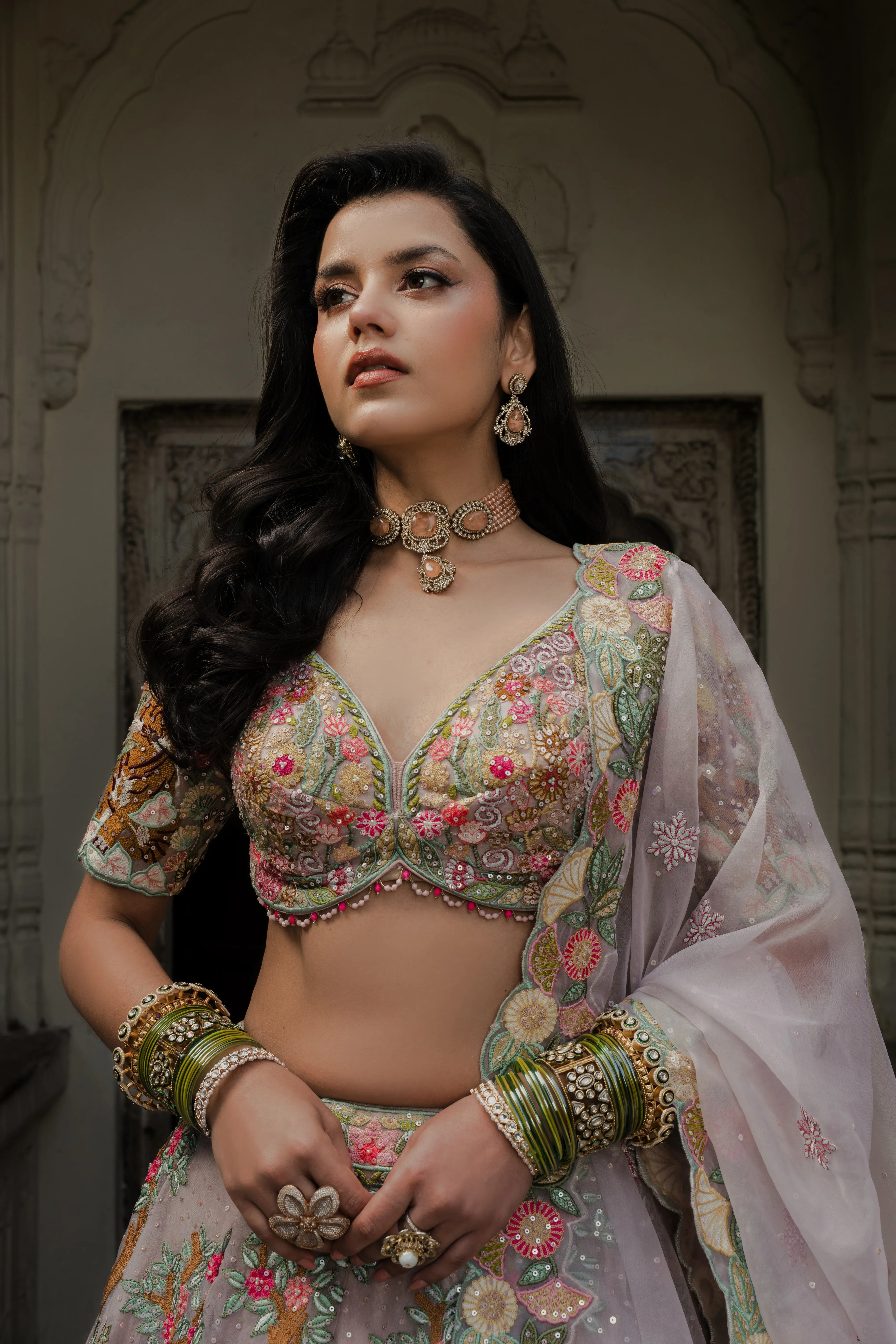 Multicolor Organza Lehenga with Thread & Sequin Embroidery