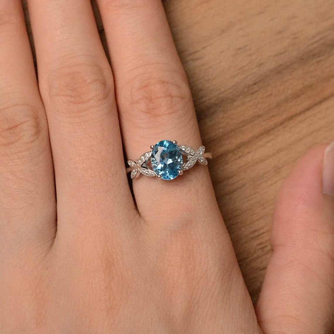 Natural Oval Cut Blue Topaz Unique Promise Solitaire Ring - 925 Sterling Silver Ring
