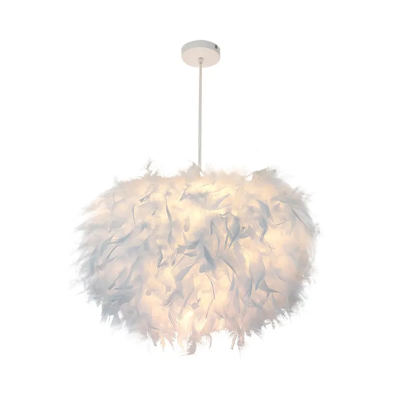 Nordic Feather Pendant Lamp - Handcrafted Hemispherical Design, 1-Bulb White Hanging Light Kit (11"/15"/19.5" W)