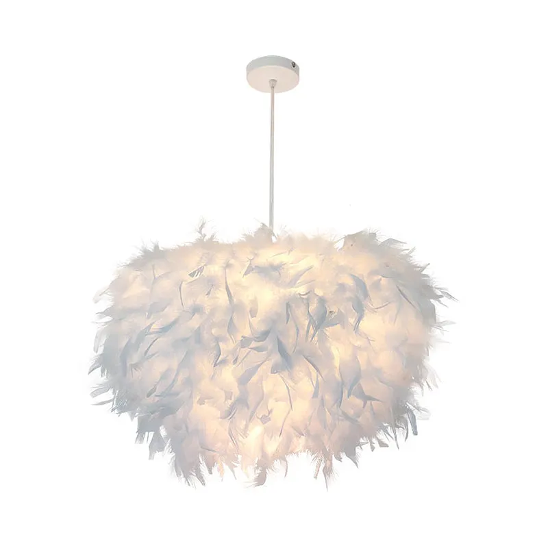 Nordic Feather Pendant Lamp - Handcrafted Hemispherical Design, 1-Bulb White Hanging Light Kit (11"/15"/19.5" W)