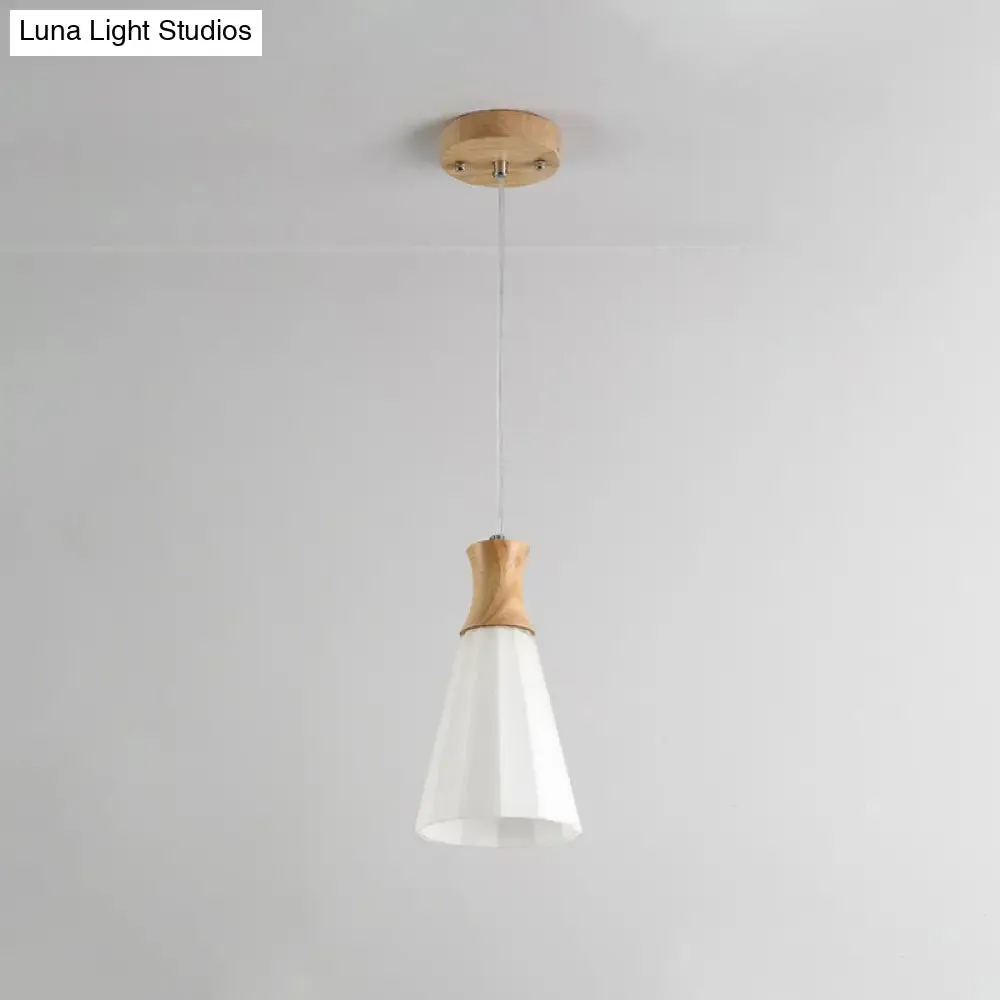 Nordic Milky Glass Cone Pendant Light - Wood Suspension Lamp with Round/Linear Canopy