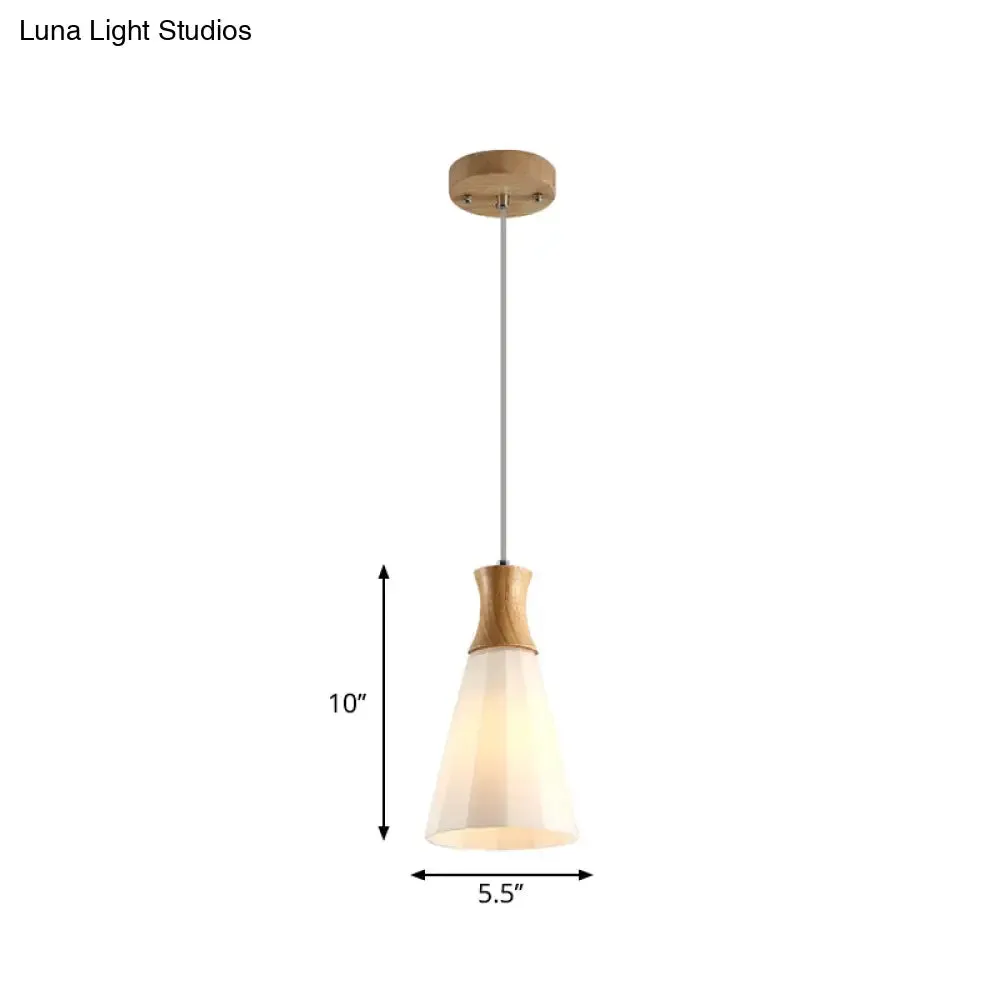 Nordic Milky Glass Cone Pendant Light - Wood Suspension Lamp with Round/Linear Canopy