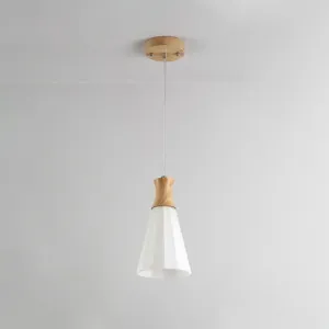 Nordic Milky Glass Cone Pendant Light - Wood Suspension Lamp with Round/Linear Canopy