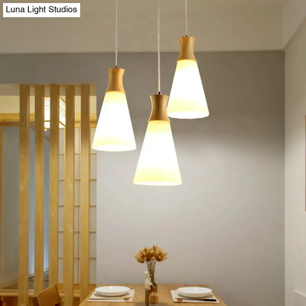 Nordic Milky Glass Cone Pendant Light - Wood Suspension Lamp with Round/Linear Canopy