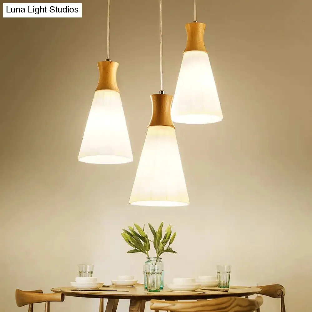 Nordic Milky Glass Cone Pendant Light - Wood Suspension Lamp with Round/Linear Canopy
