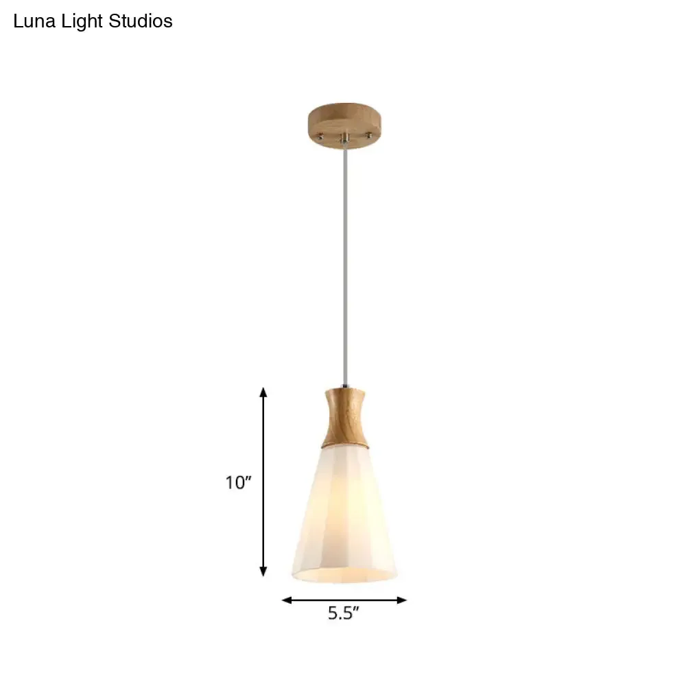 Nordic Milky Glass Cone Pendant Light - Wood Suspension Lamp with Round/Linear Canopy