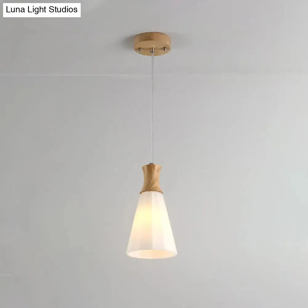 Nordic Milky Glass Cone Pendant Light - Wood Suspension Lamp with Round/Linear Canopy