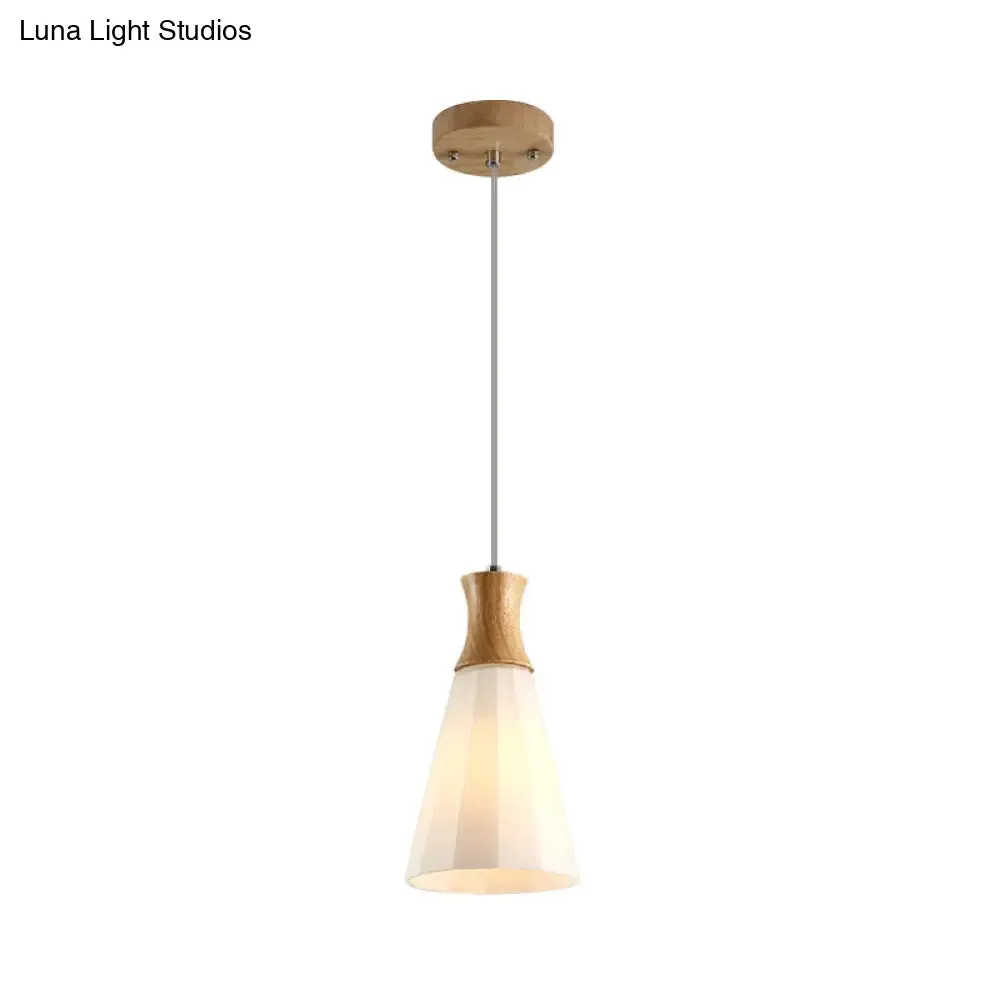 Nordic Milky Glass Cone Pendant Light - Wood Suspension Lamp with Round/Linear Canopy