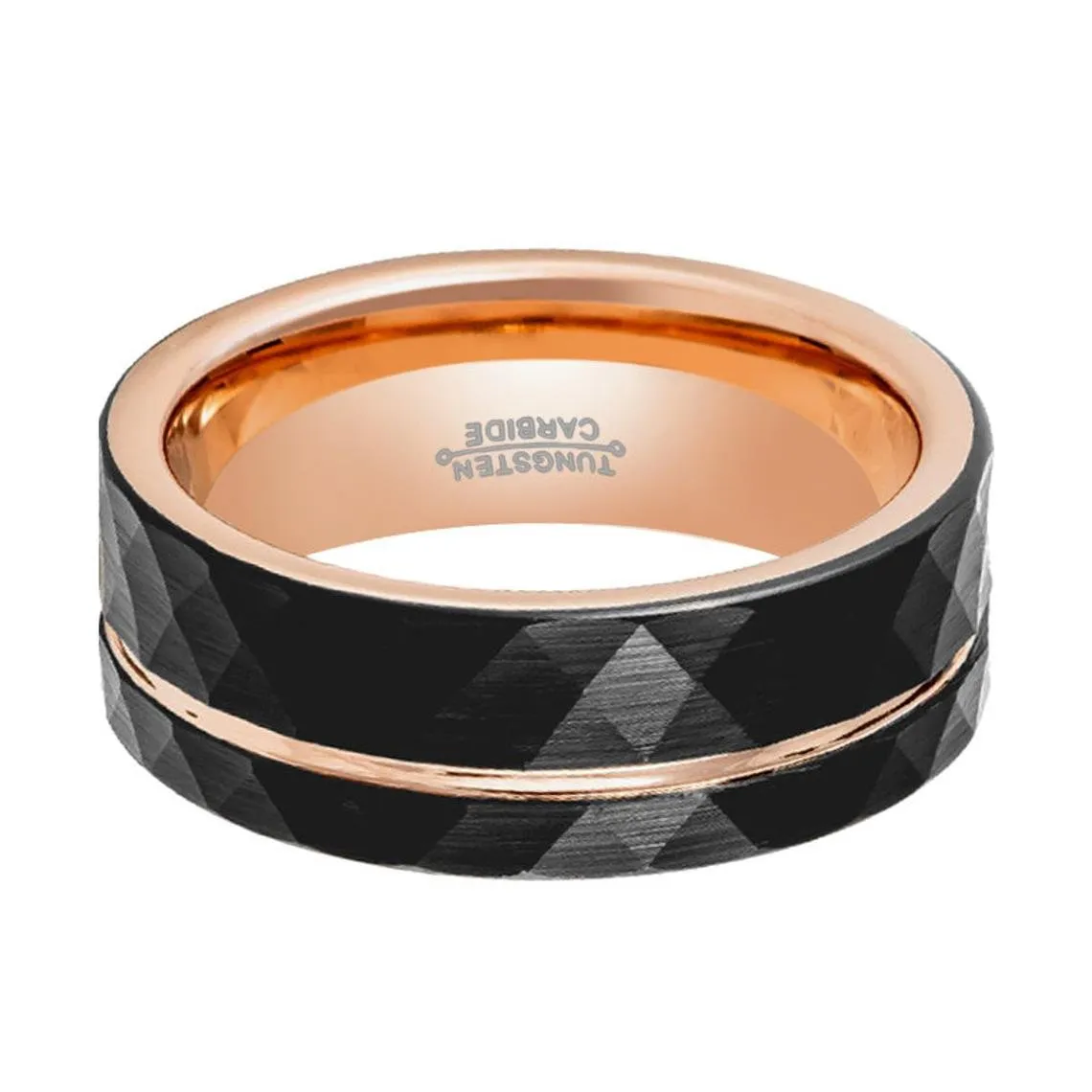 ORLANDO | Rose Gold Tungsten Ring, Hammered, Rose Groove, Flat