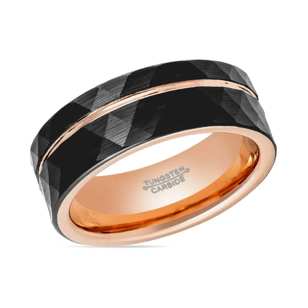 ORLANDO | Rose Gold Tungsten Ring, Hammered, Rose Groove, Flat