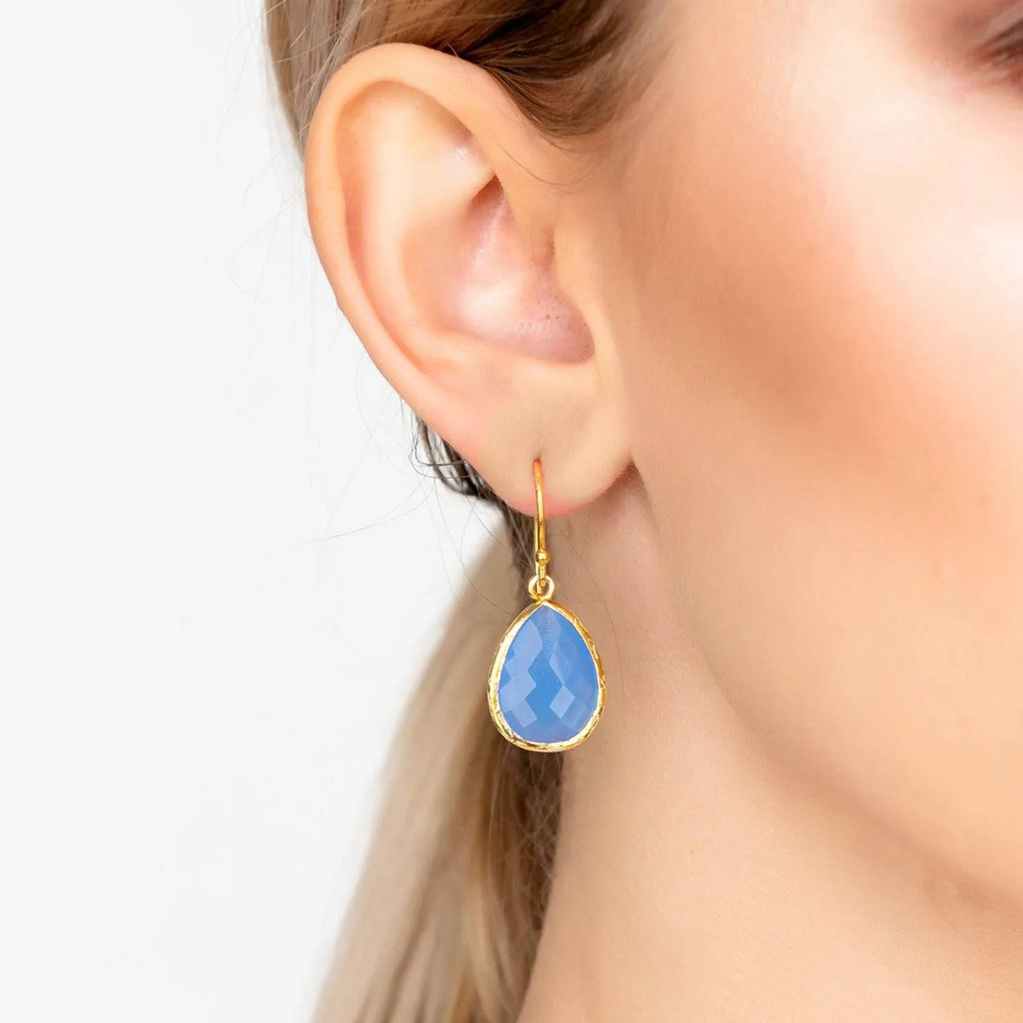 Petite Drop Earrings in Dark Blue Chalcedony and Dipped in Gold