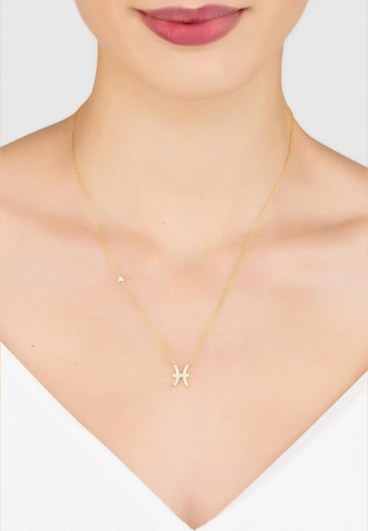 Pisces Zodiac Necklace Dipped in Gold and White Zircon