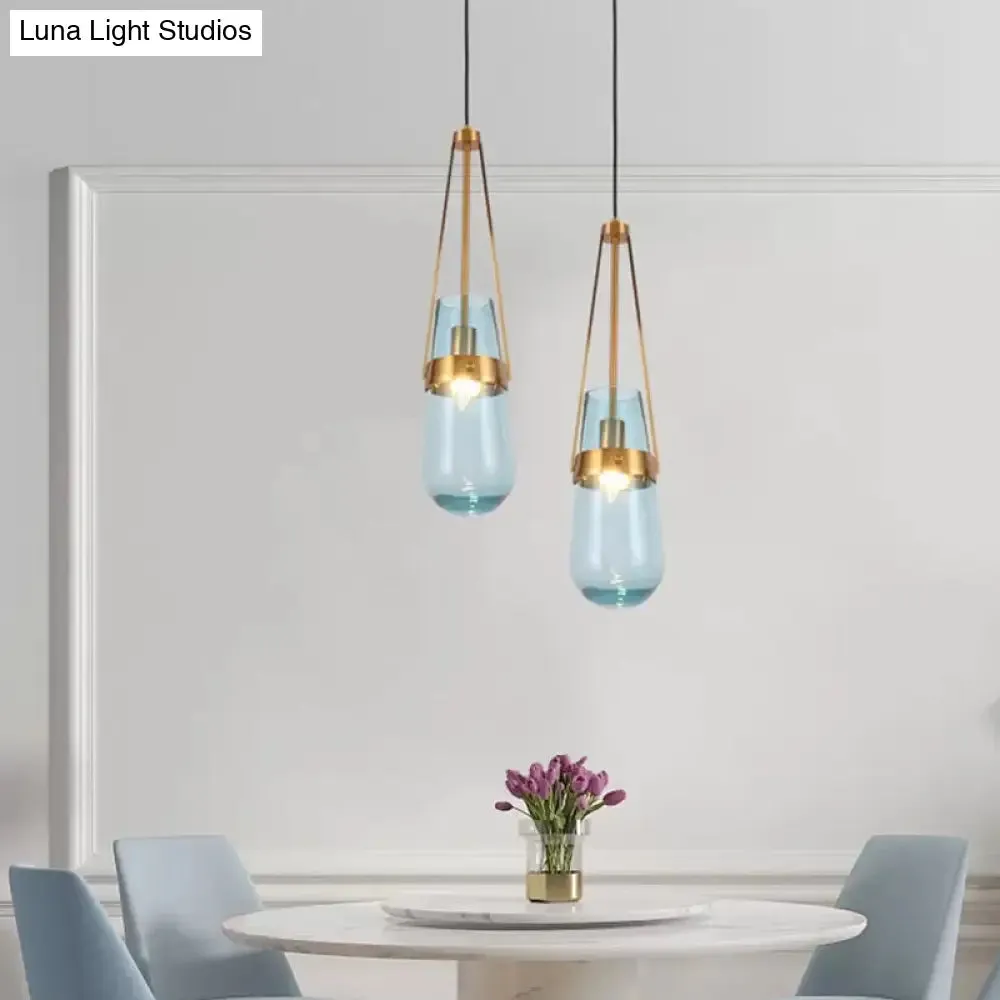 Postmodern Blue and Clear Glass Dining Room Pendant Light with Brass Gripper
