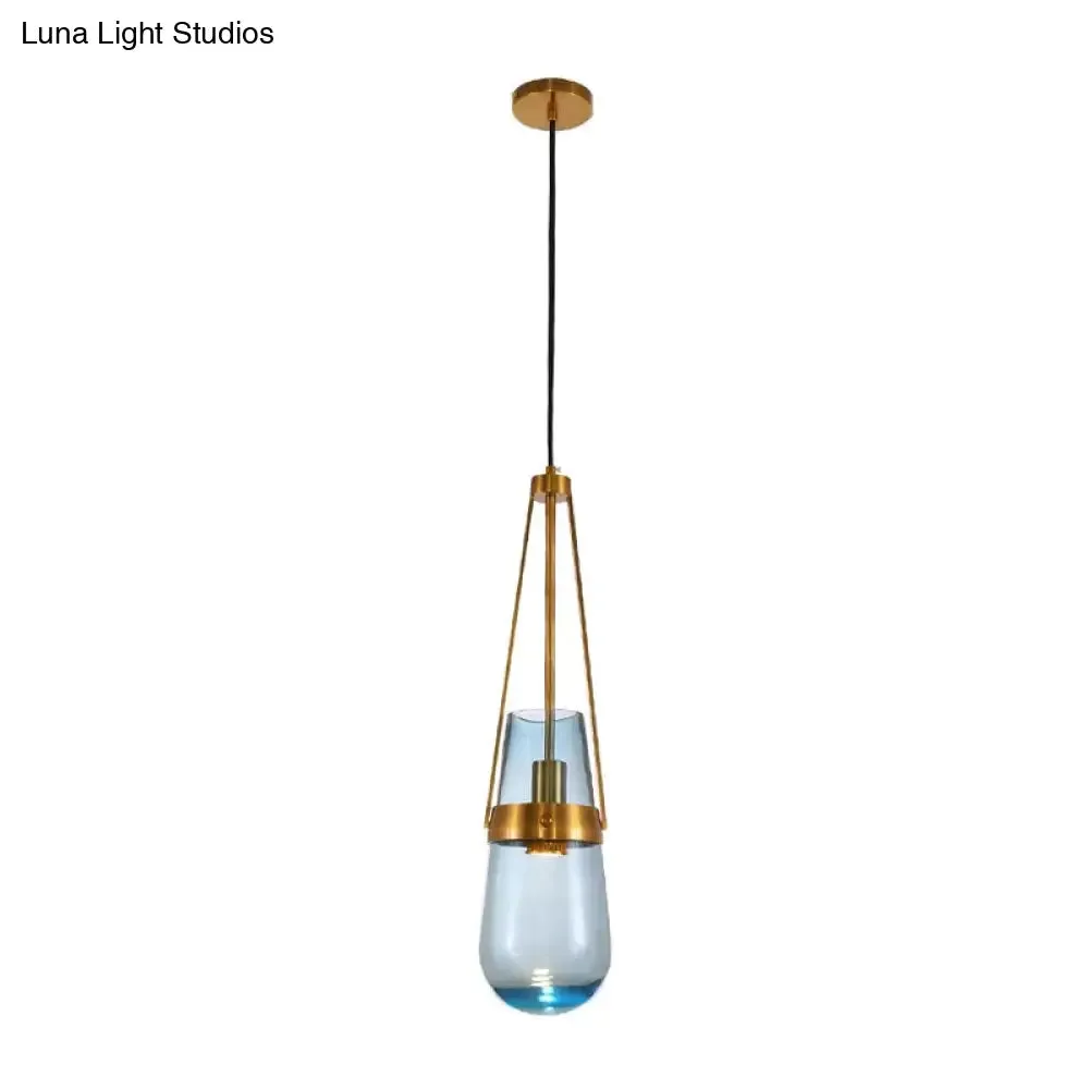 Postmodern Blue and Clear Glass Dining Room Pendant Light with Brass Gripper