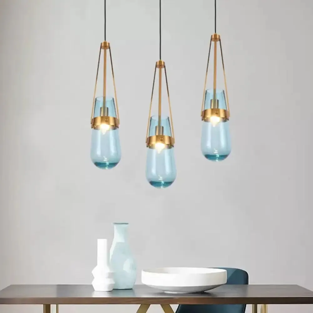Postmodern Blue and Clear Glass Dining Room Pendant Light with Brass Gripper