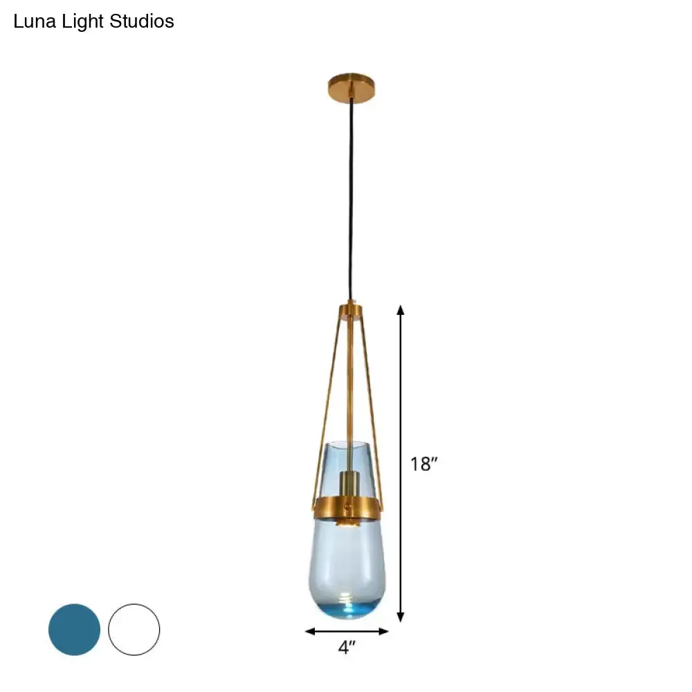 Postmodern Blue and Clear Glass Dining Room Pendant Light with Brass Gripper