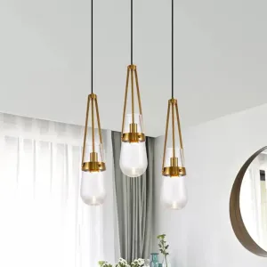 Postmodern Blue and Clear Glass Dining Room Pendant Light with Brass Gripper