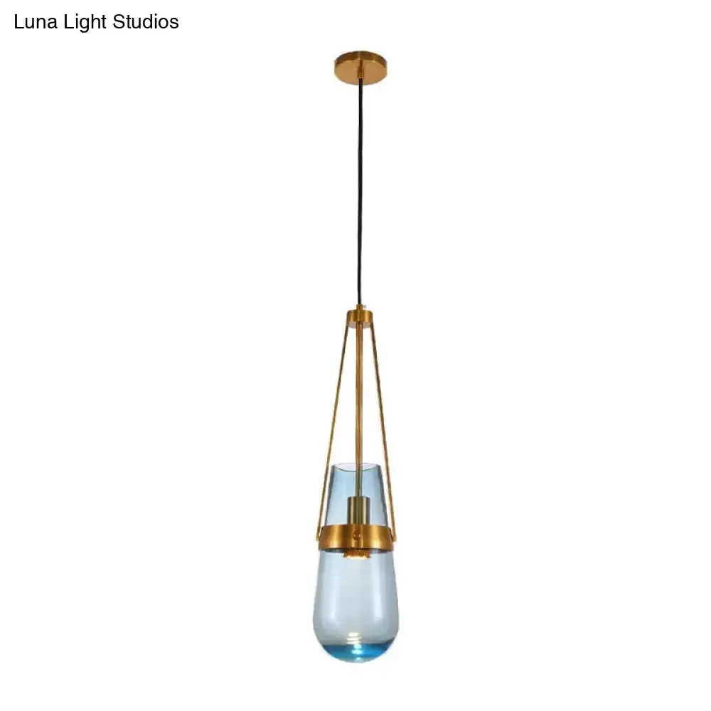 Postmodern Blue and Clear Glass Dining Room Pendant Light with Brass Gripper